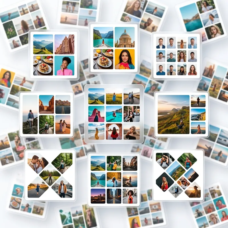 Multiple collage template layouts showing grids and passport photo arrangements