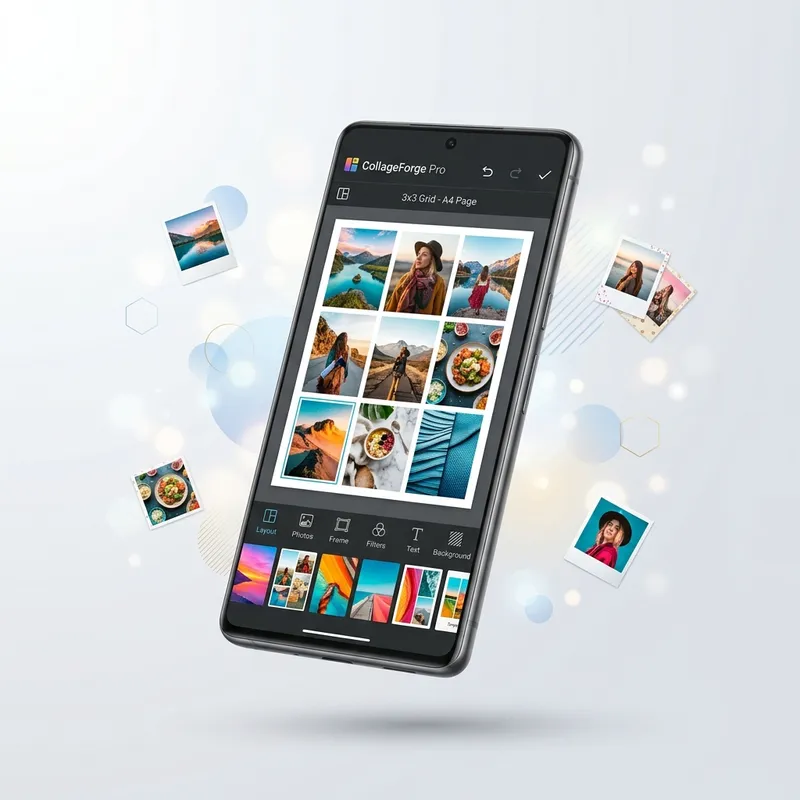 CollageForge Pro app interface showing professional photo collage editor